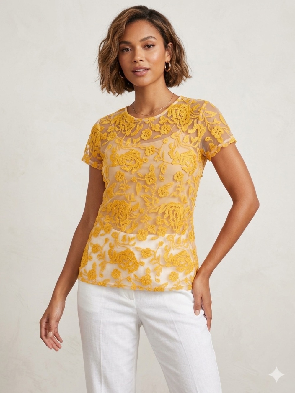 INC International Concepts Mustard Yellow Floral Embroidered Short Sleeve Top
